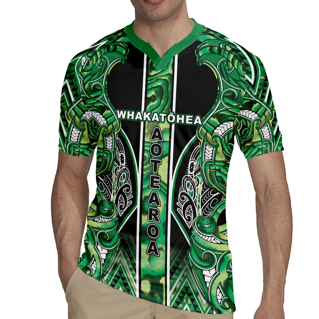 Aotearoa Whakatohea Rugby Jersey Maori Tribal Green Abalone Paua Shell Pattern