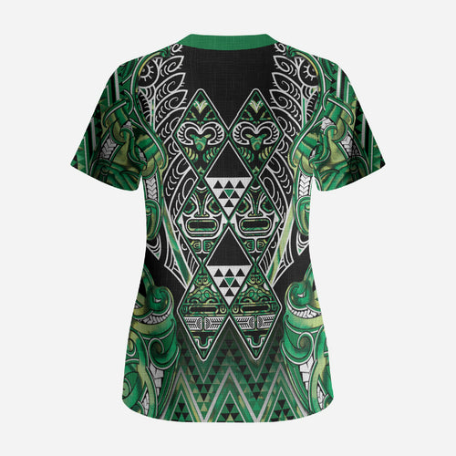 Aotearoa Whakatohea Scrub Top Maori Tribal Green Abalone Paua Shell Pattern