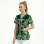 Aotearoa Whakatohea Scrub Top Maori Tribal Green Abalone Paua Shell Pattern