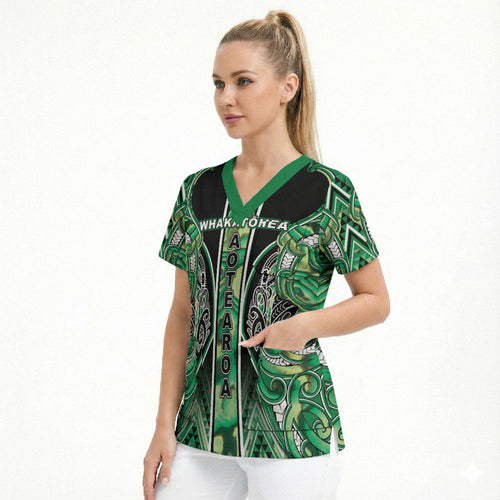 Aotearoa Whakatohea Scrub Top Maori Tribal Green Abalone Paua Shell Pattern