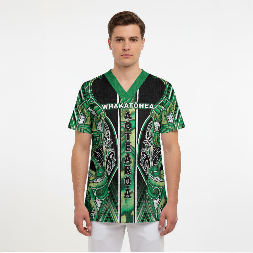 Aotearoa Whakatohea Scrub Top Maori Tribal Green Abalone Paua Shell Pattern