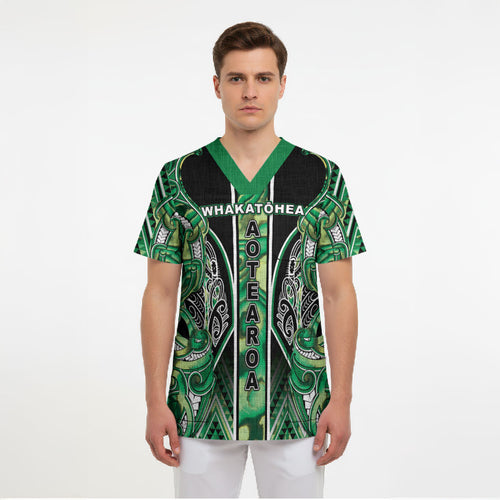 Aotearoa Whakatohea Scrub Top Maori Tribal Green Abalone Paua Shell Pattern