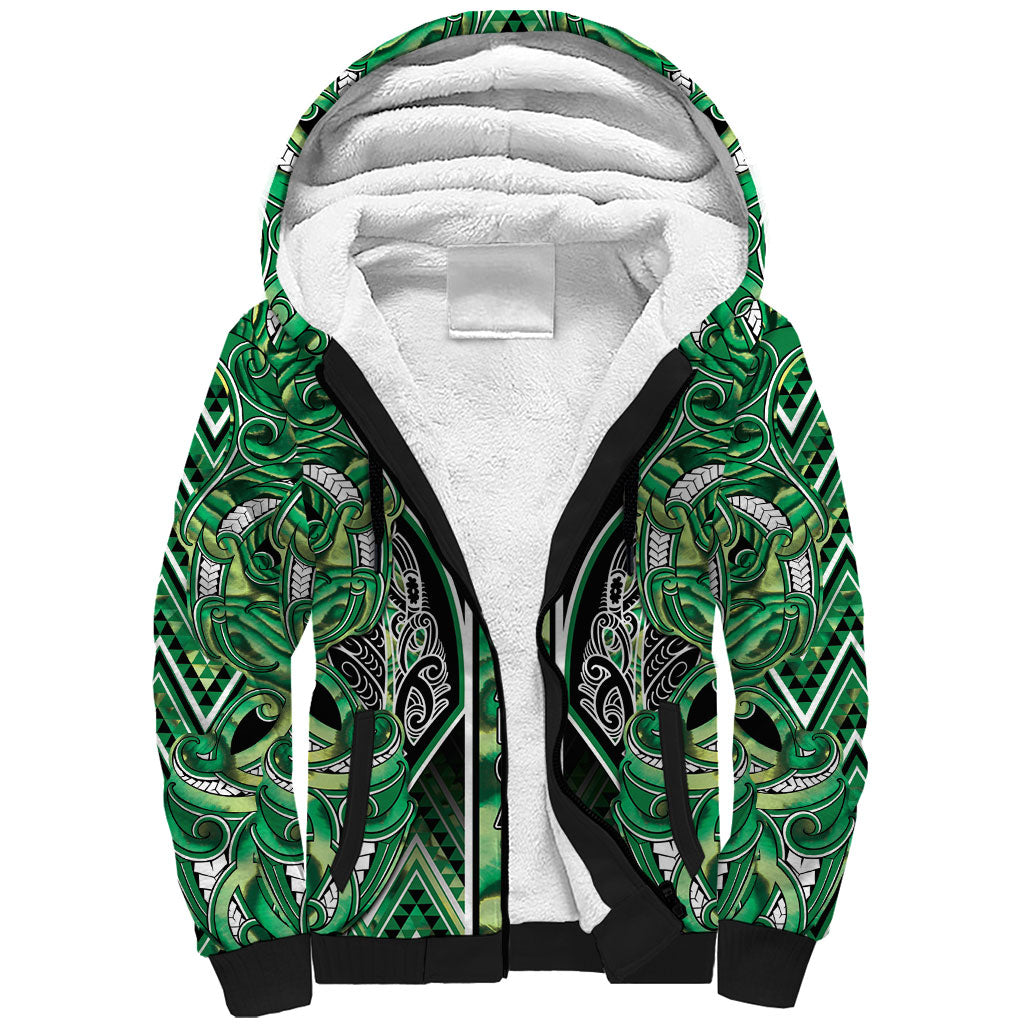 Aotearoa Whakatohea Sherpa Hoodie Maori Tribal Green Abalone Paua Shell Pattern
