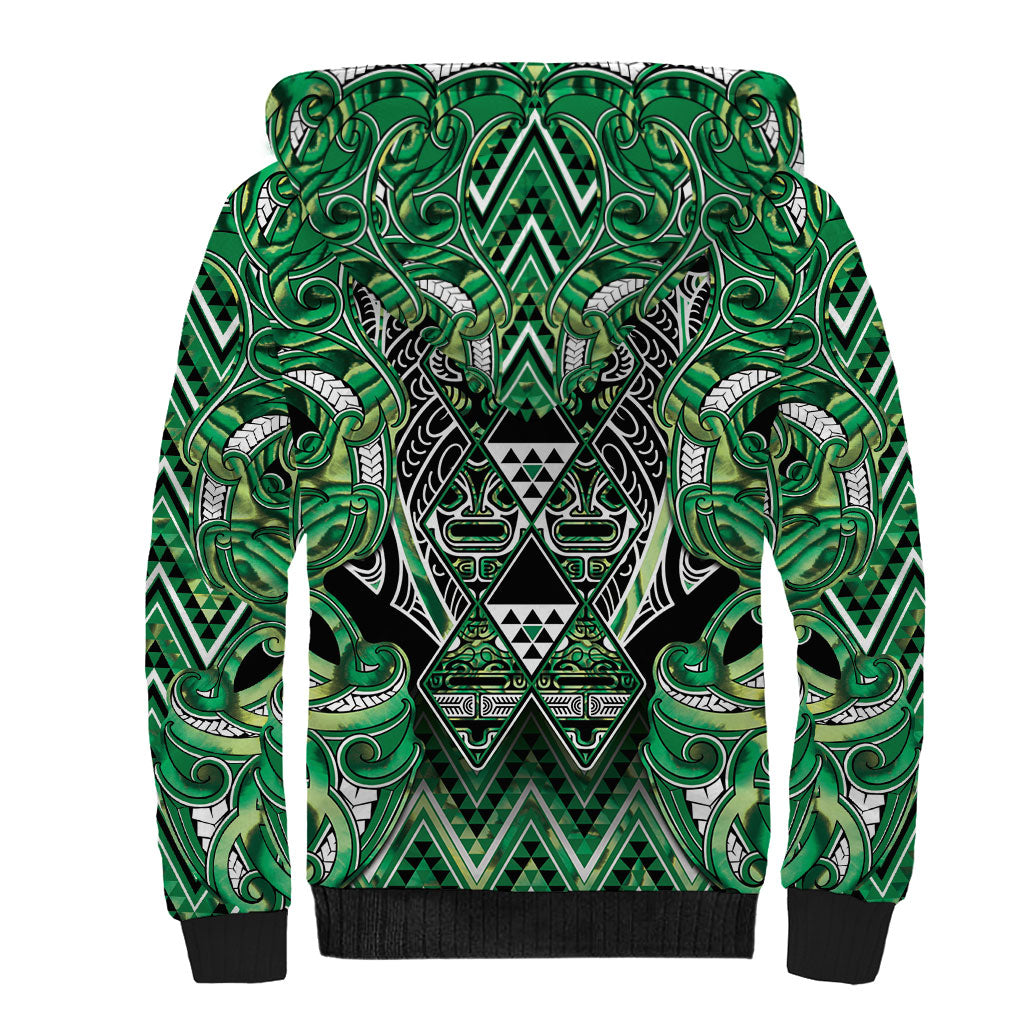 Aotearoa Whakatohea Sherpa Hoodie Maori Tribal Green Abalone Paua Shell Pattern