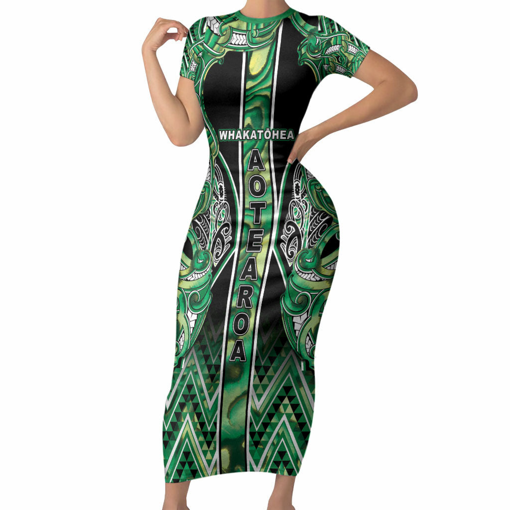 Aotearoa Whakatohea Short Sleeve Bodycon Dress Maori Tribal Green Abalone Paua Shell Pattern