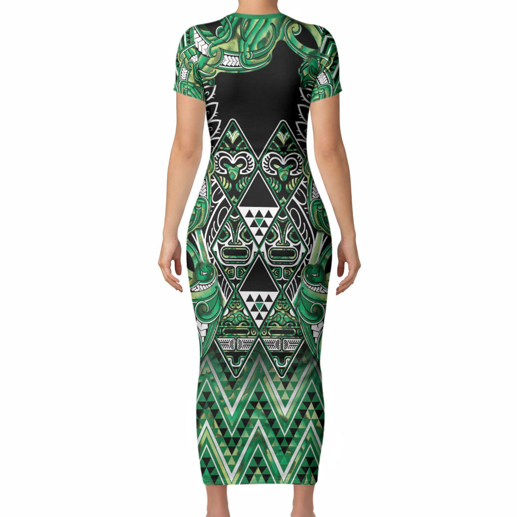Aotearoa Whakatohea Short Sleeve Bodycon Dress Maori Tribal Green Abalone Paua Shell Pattern