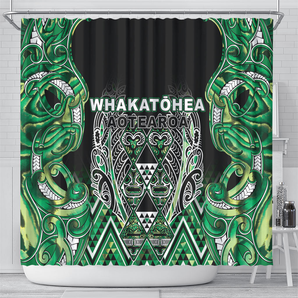 Aotearoa Whakatohea Shower Curtain Maori Tribal Green Abalone Paua Shell Pattern