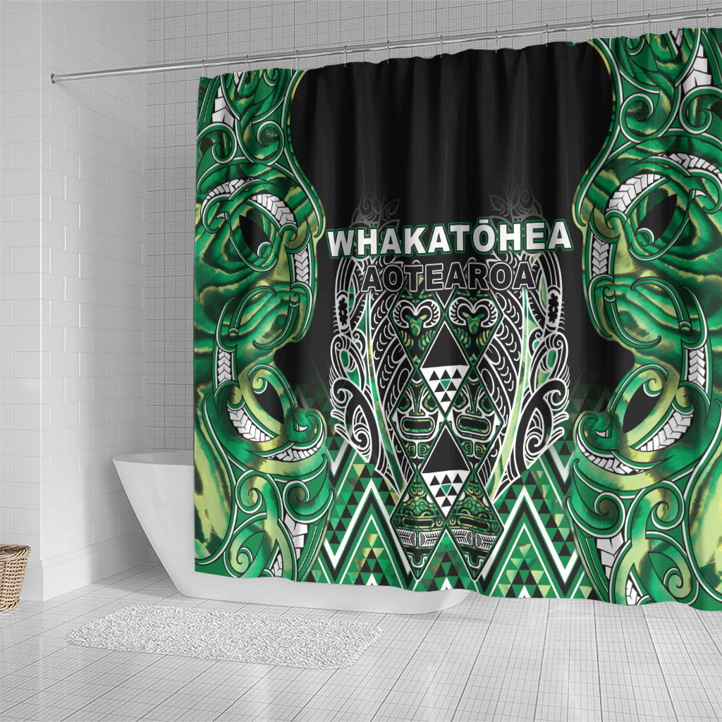 Aotearoa Whakatohea Shower Curtain Maori Tribal Green Abalone Paua Shell Pattern