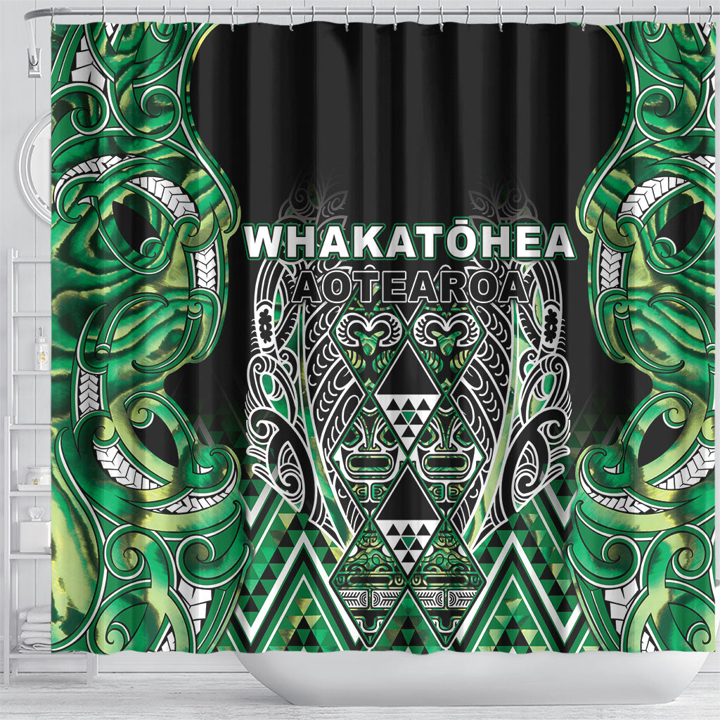 Aotearoa Whakatohea Shower Curtain Maori Tribal Green Abalone Paua Shell Pattern