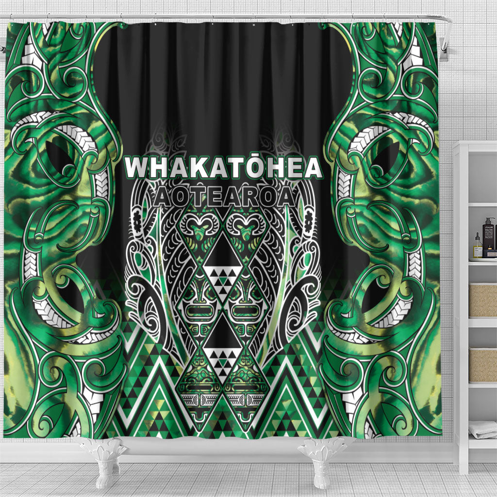 Aotearoa Whakatohea Shower Curtain Maori Tribal Green Abalone Paua Shell Pattern