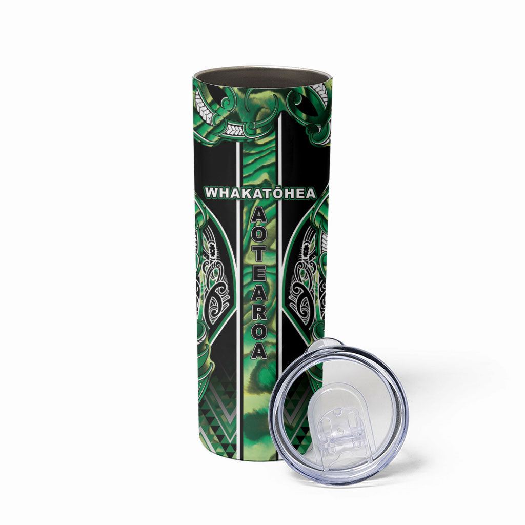 Aotearoa Whakatohea Skinny Tumbler Maori Tribal Green Abalone Paua Shell Pattern