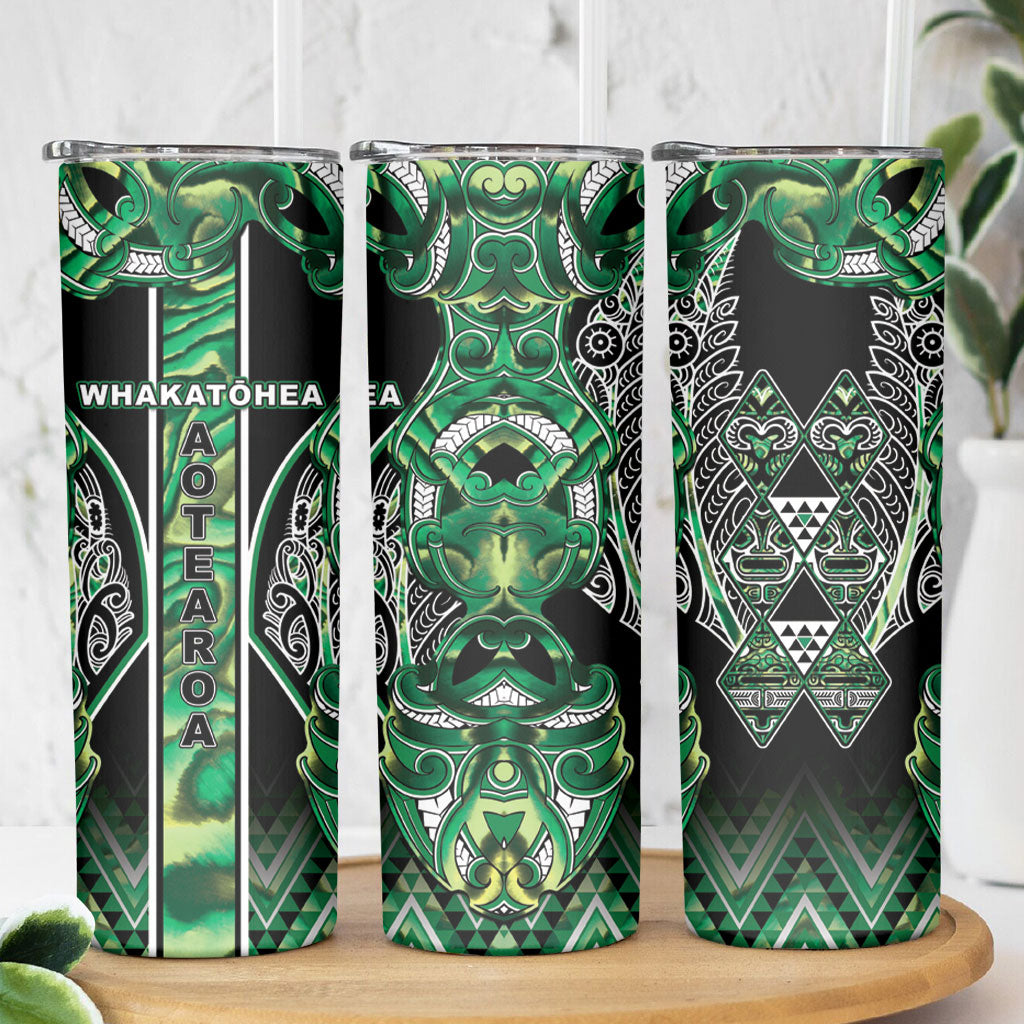 Aotearoa Whakatohea Skinny Tumbler Maori Tribal Green Abalone Paua Shell Pattern