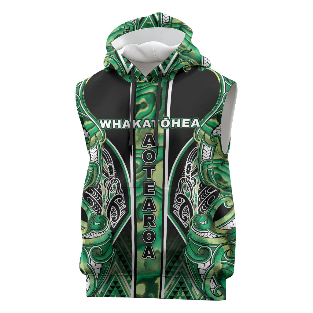 Aotearoa Whakatohea Sleeveless Hoodie Maori Tribal Green Abalone Paua Shell Pattern