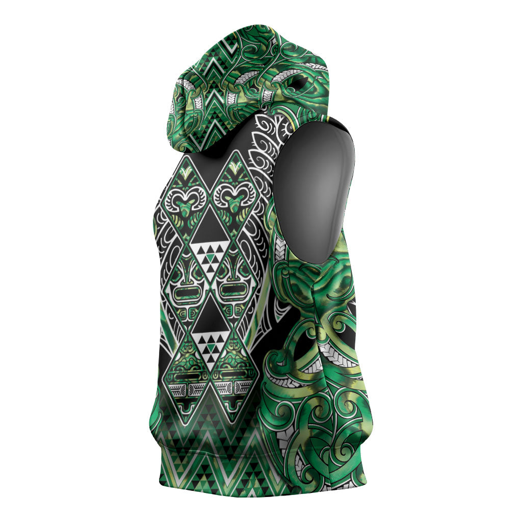Aotearoa Whakatohea Sleeveless Hoodie Maori Tribal Green Abalone Paua Shell Pattern