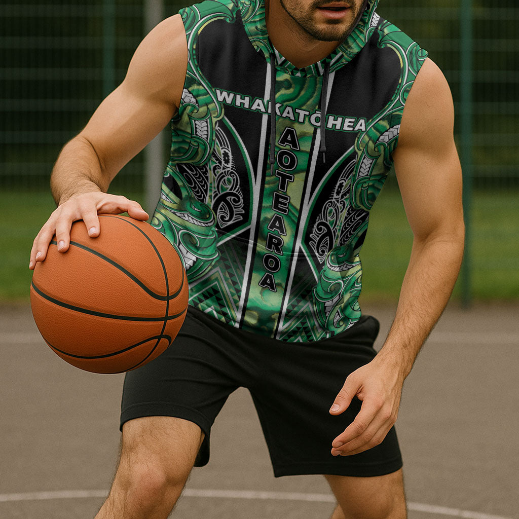 Aotearoa Whakatohea Sleeveless Hoodie Maori Tribal Green Abalone Paua Shell Pattern