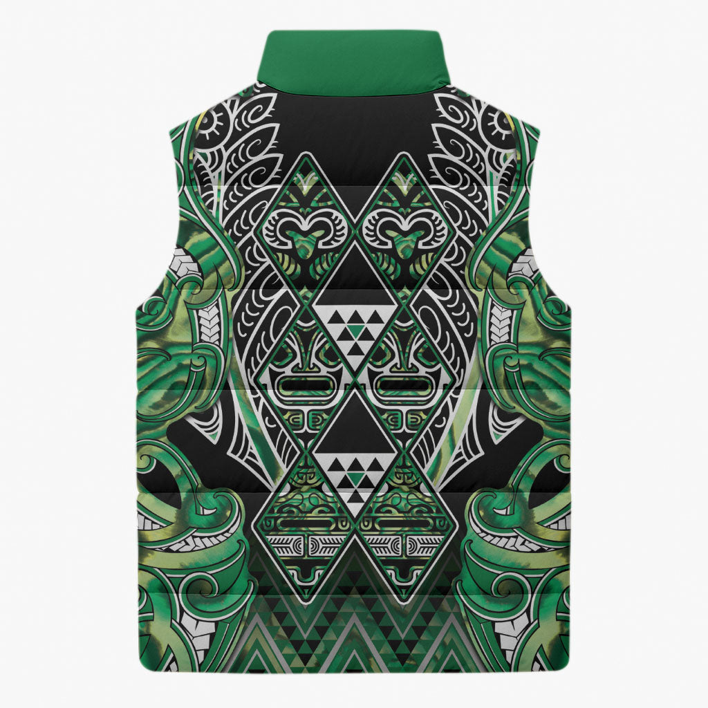Aotearoa Whakatohea Sleeveless Puffer Jacket Maori Tribal Green Abalone Paua Shell Pattern
