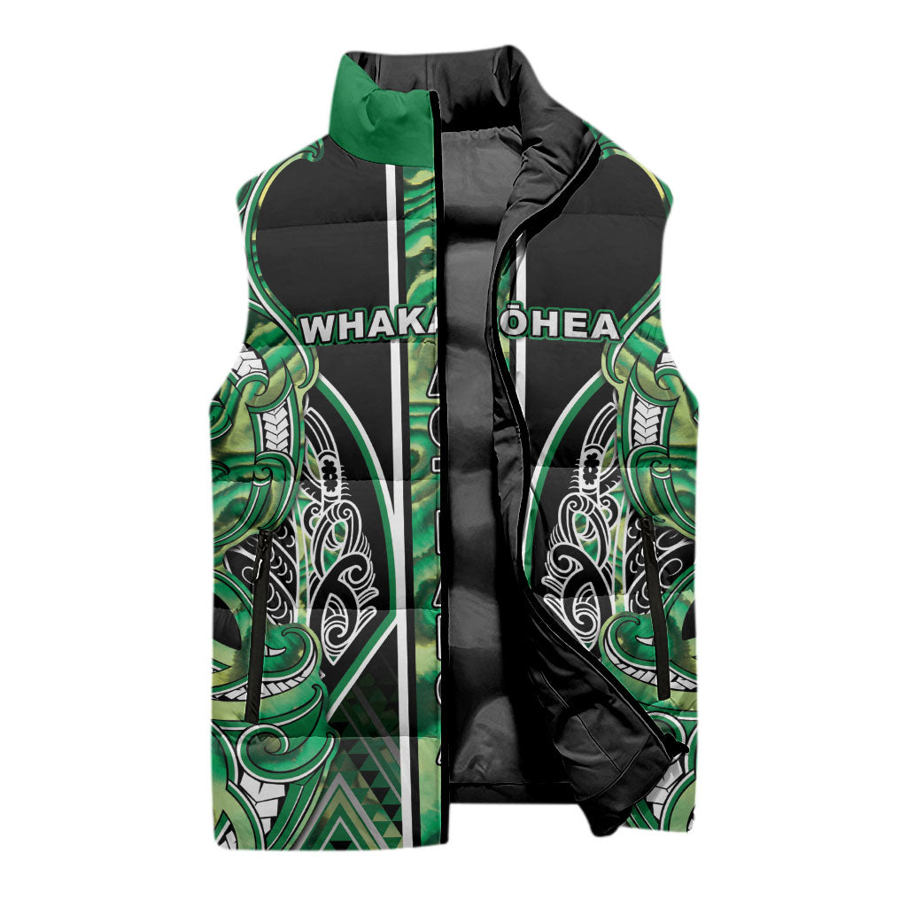 Aotearoa Whakatohea Sleeveless Puffer Jacket Maori Tribal Green Abalone Paua Shell Pattern