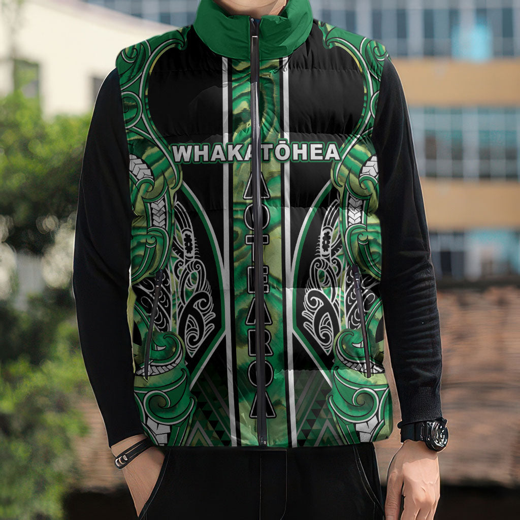 Aotearoa Whakatohea Sleeveless Puffer Jacket Maori Tribal Green Abalone Paua Shell Pattern