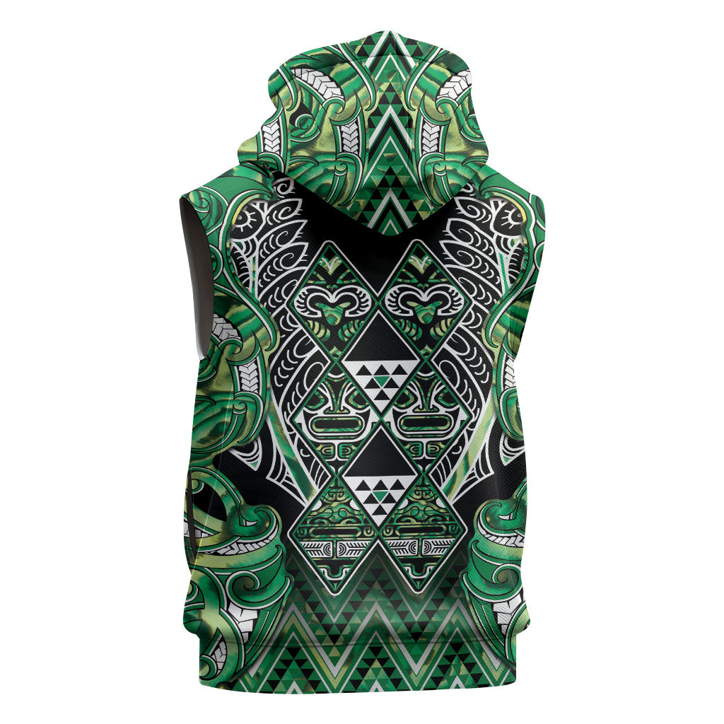 Aotearoa Whakatohea Sleeveless Zip Hoodie Maori Tribal Green Abalone Paua Shell Pattern