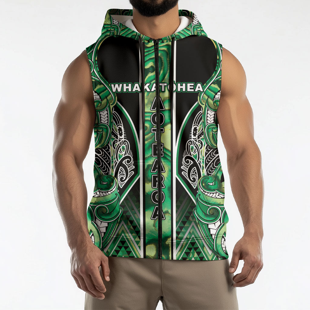 Aotearoa Whakatohea Sleeveless Zip Hoodie Maori Tribal Green Abalone Paua Shell Pattern