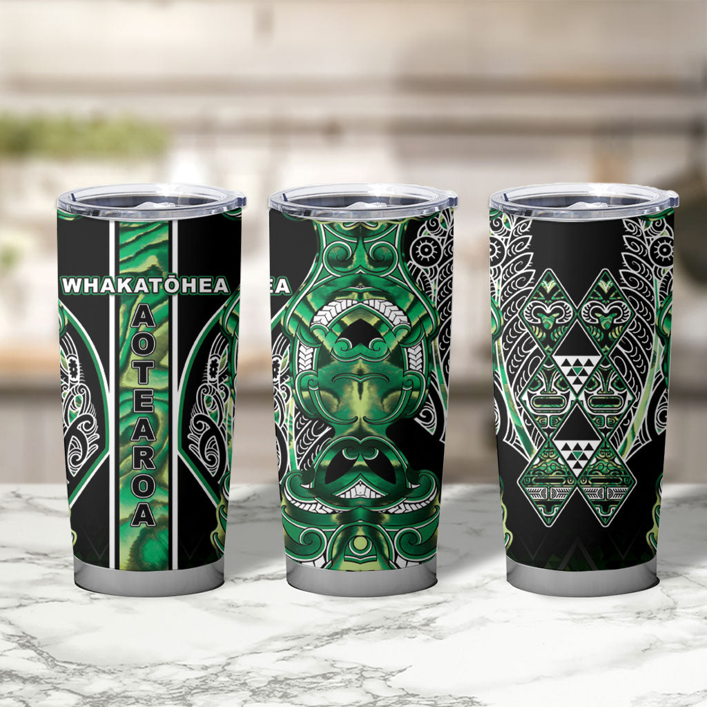 Aotearoa Whakatohea Tumbler Cup Maori Tribal Green Abalone Paua Shell Pattern