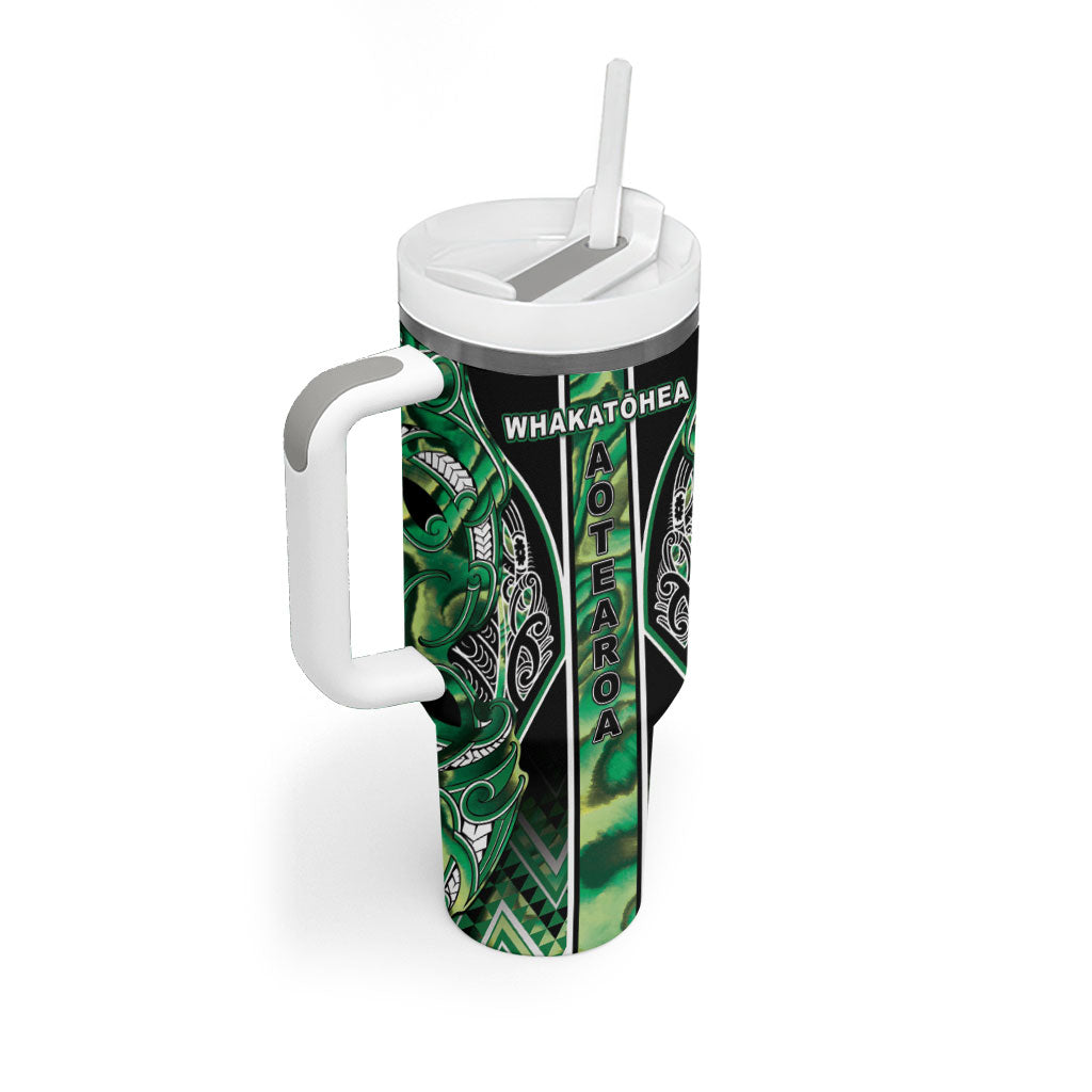 Aotearoa Whakatohea Tumbler With Handle Maori Tribal Green Abalone Paua Shell Pattern