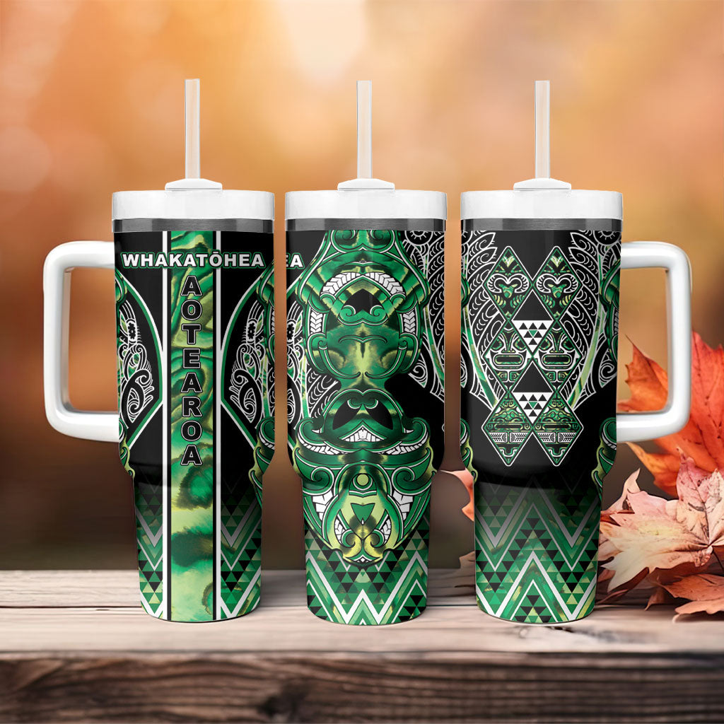 Aotearoa Whakatohea Tumbler With Handle Maori Tribal Green Abalone Paua Shell Pattern