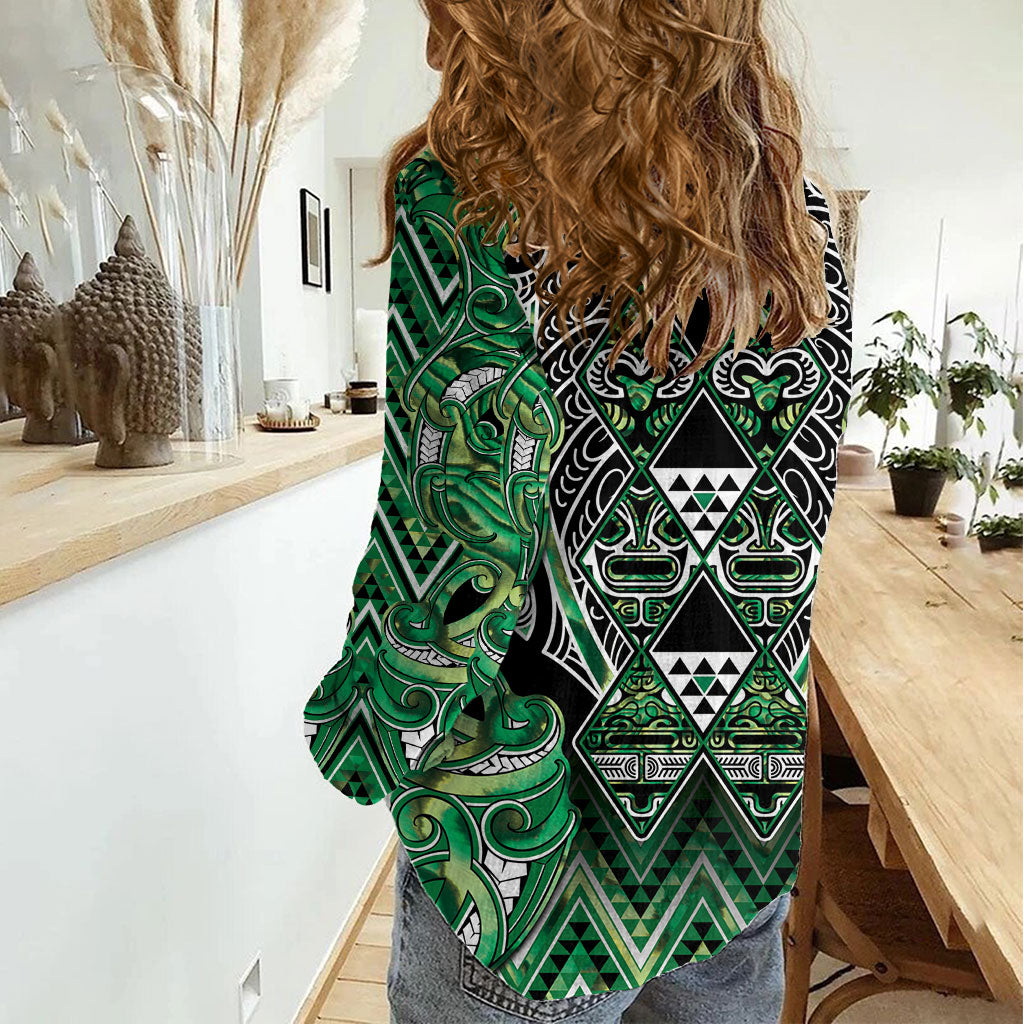 Aotearoa Whakatohea Women Casual Shirt Maori Tribal Green Abalone Paua Shell Pattern
