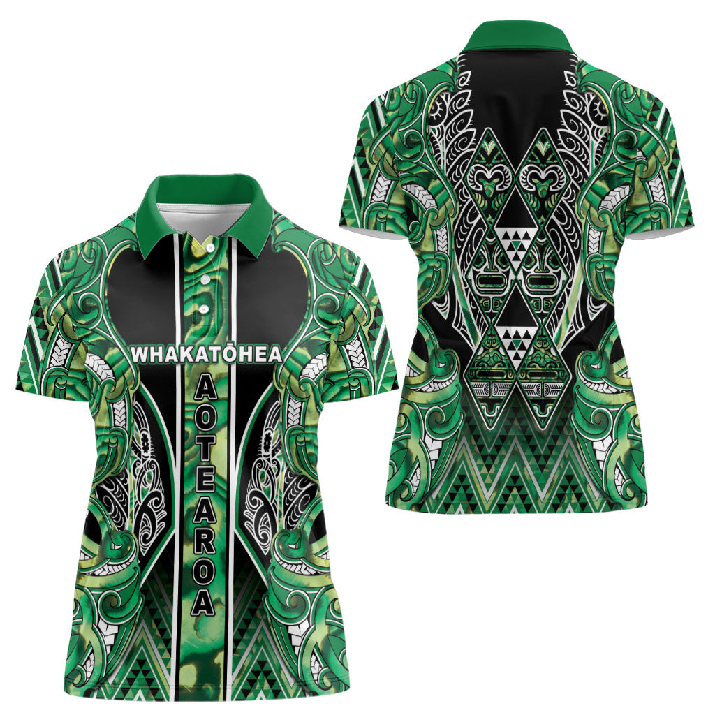 Aotearoa Whakatohea Women Polo Shirt Maori Tribal Green Abalone Paua Shell Pattern