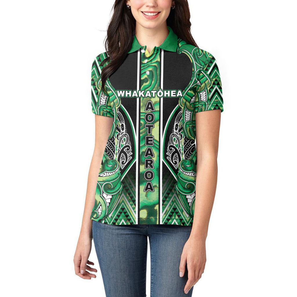 Aotearoa Whakatohea Women Polo Shirt Maori Tribal Green Abalone Paua Shell Pattern