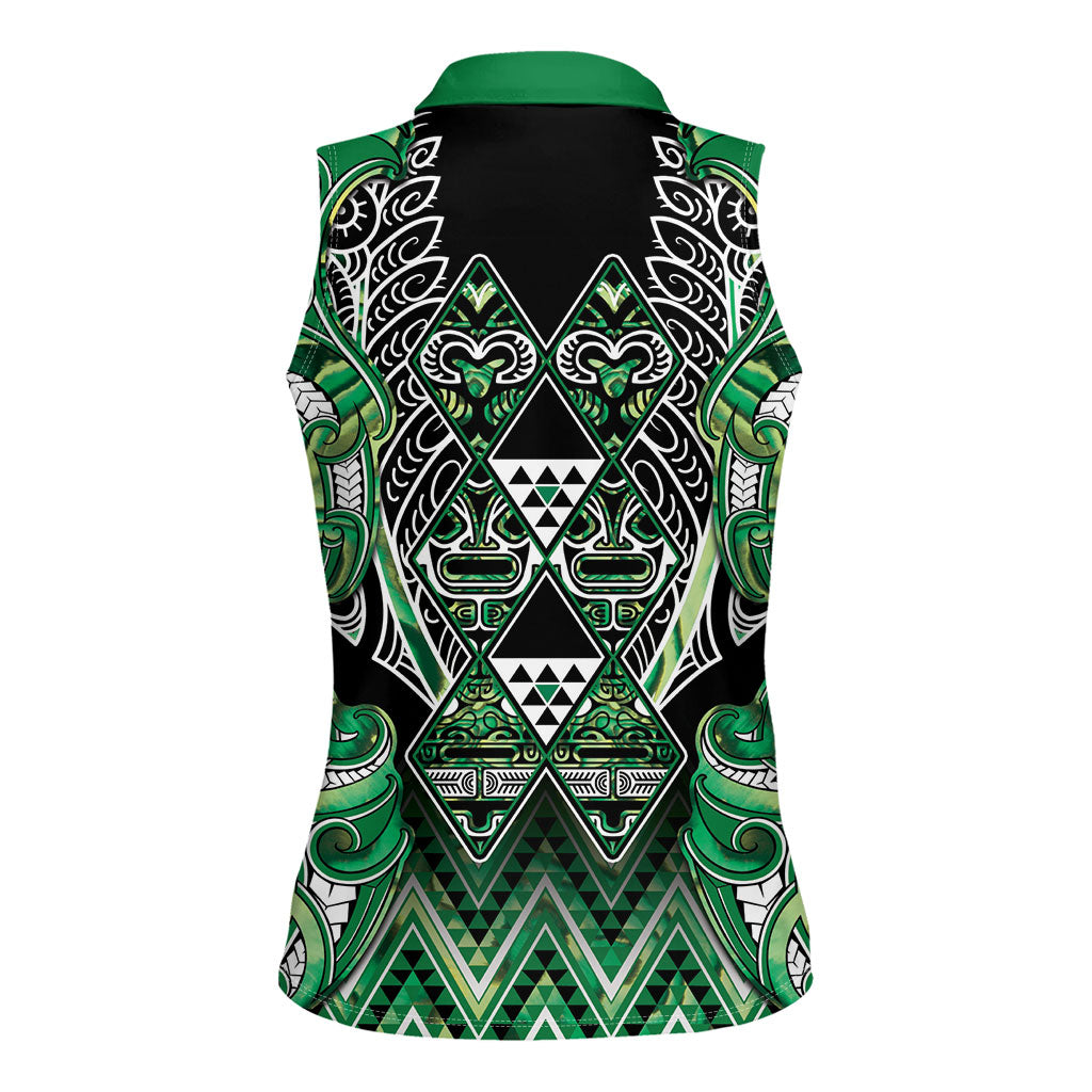 Aotearoa Whakatohea Women Sleeveless Polo Shirt Maori Tribal Green Abalone Paua Shell Pattern