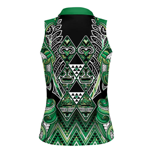 Aotearoa Whakatohea Women Sleeveless Polo Shirt Maori Tribal Green Abalone Paua Shell Pattern