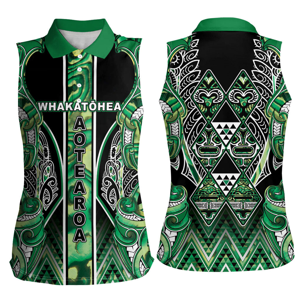 Aotearoa Whakatohea Women Sleeveless Polo Shirt Maori Tribal Green Abalone Paua Shell Pattern