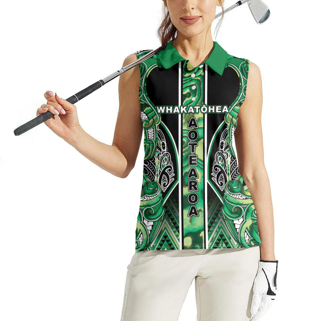 Aotearoa Whakatohea Women Sleeveless Polo Shirt Maori Tribal Green Abalone Paua Shell Pattern