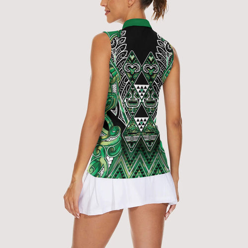 Aotearoa Whakatohea Women Sleeveless Polo Shirt Maori Tribal Green Abalone Paua Shell Pattern