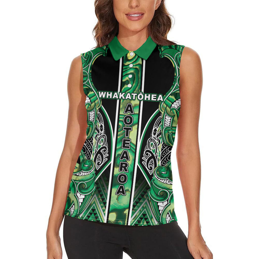 Aotearoa Whakatohea Women Sleeveless Polo Shirt Maori Tribal Green Abalone Paua Shell Pattern
