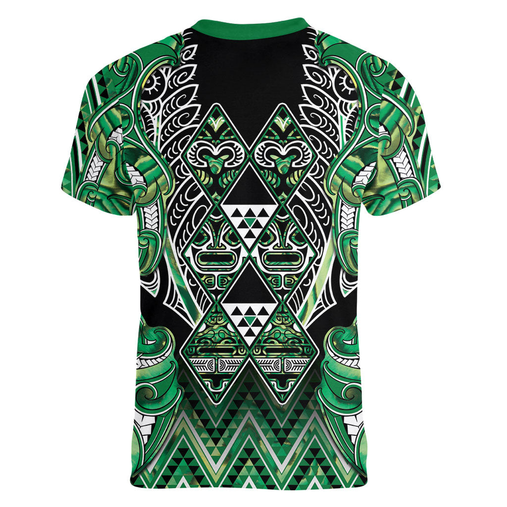 Aotearoa Whakatohea Women V-Neck T-Shirt Maori Tribal Green Abalone Paua Shell Pattern