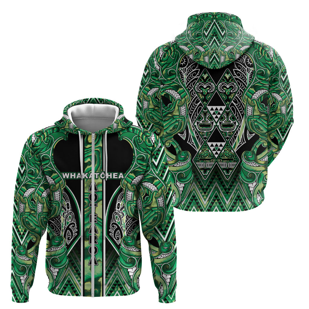 Aotearoa Whakatohea Zip Hoodie Maori Tribal Green Abalone Paua Shell Pattern