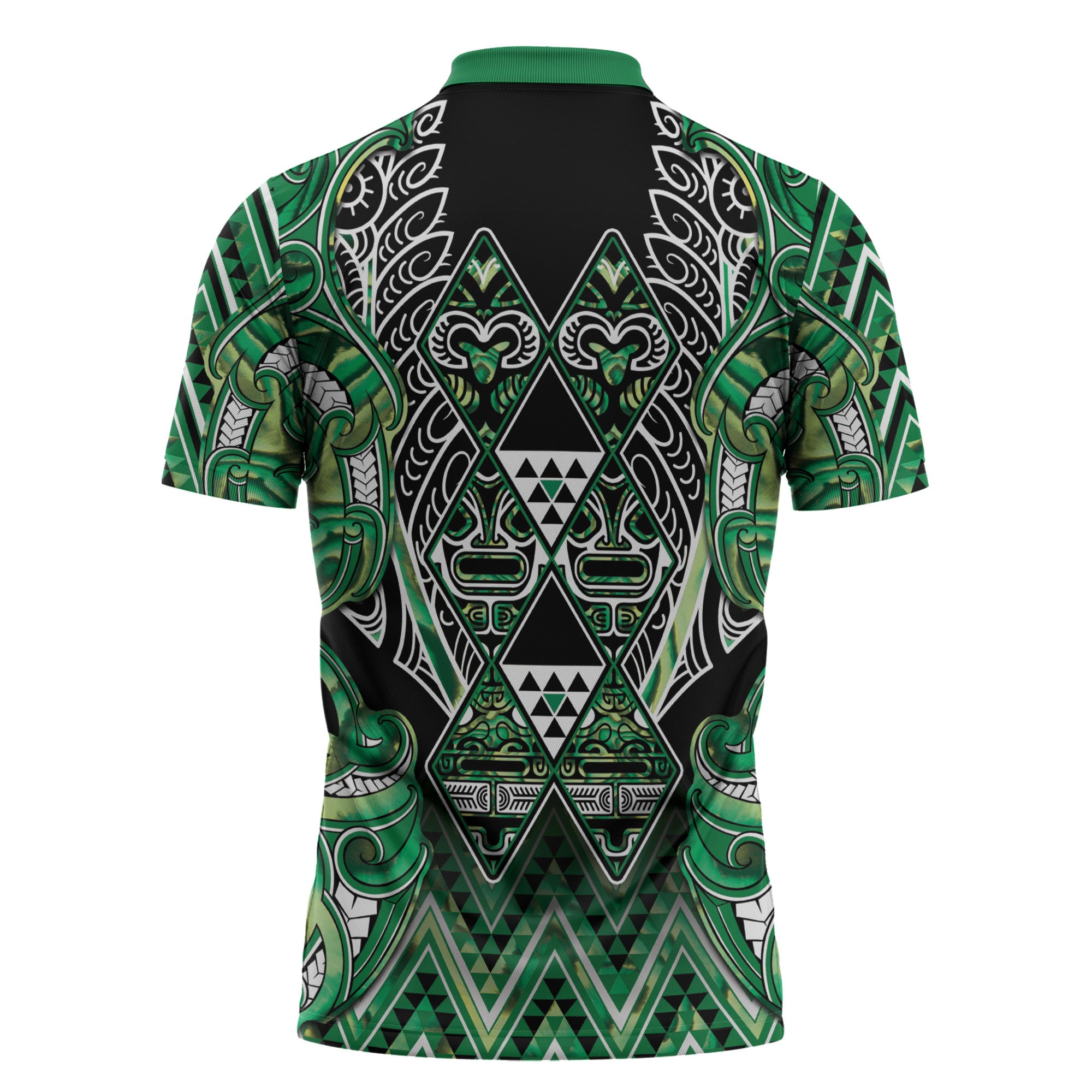 Aotearoa Whakatohea Zipper Polo Shirt Maori Tribal Green Abalone Paua Shell Pattern