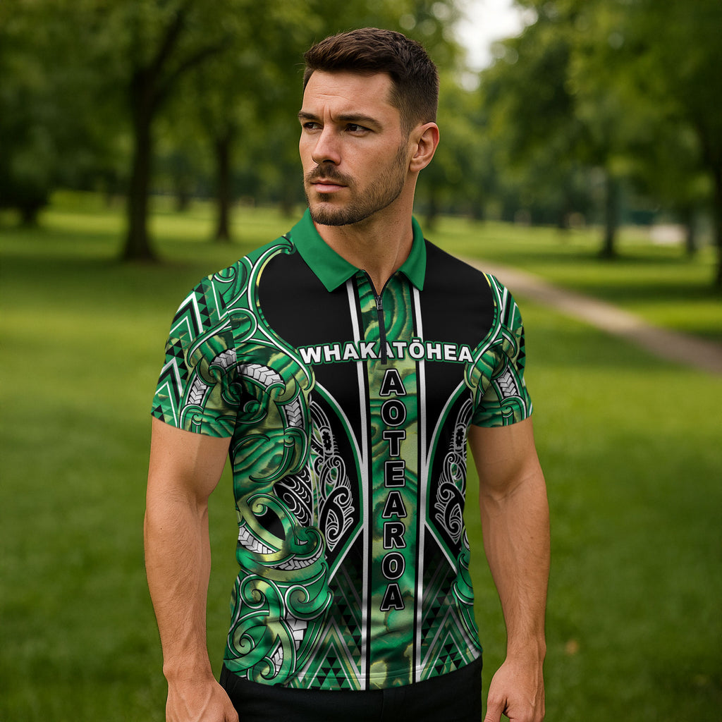 Aotearoa Whakatohea Zipper Polo Shirt Maori Tribal Green Abalone Paua Shell Pattern