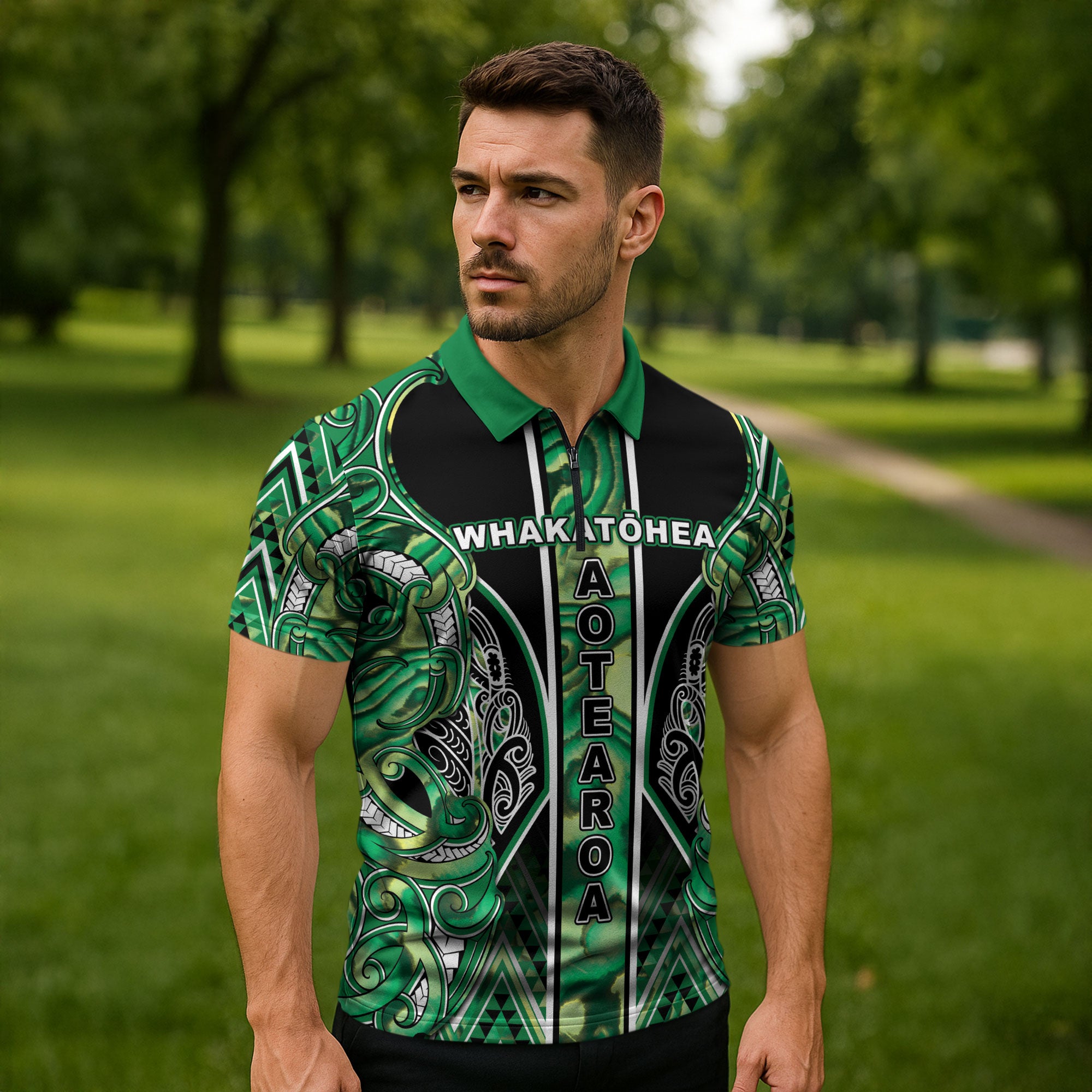 Aotearoa Whakatohea Zipper Polo Shirt Maori Tribal Green Abalone Paua Shell Pattern
