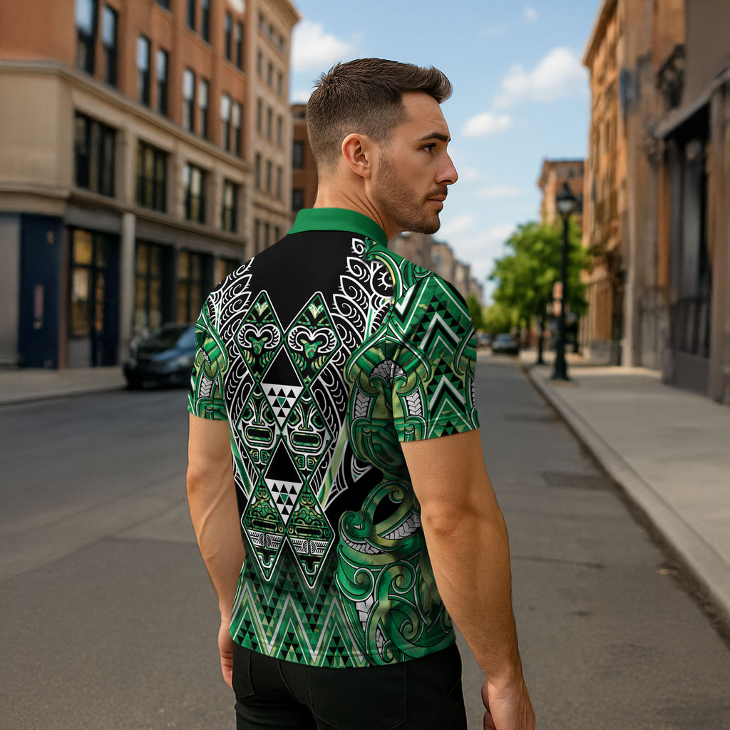 Aotearoa Whakatohea Zipper Polo Shirt Maori Tribal Green Abalone Paua Shell Pattern