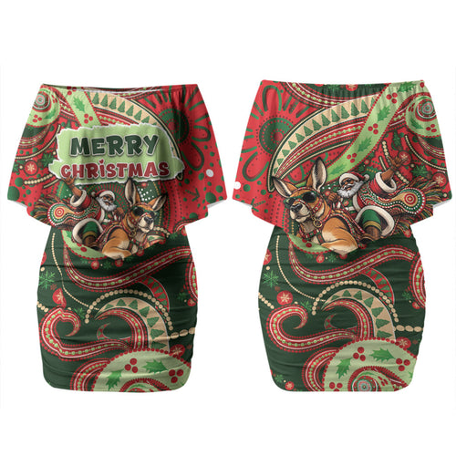 Aboriginal Christmas Couples Matching Off Shoulder Short Dress and Long Sleeve Button Shirt Santa Riding Leaping Kangaroo Dot Pattern