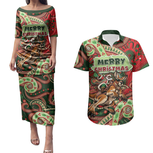 Aboriginal Christmas Couples Matching Puletasi and Hawaiian Shirt Santa Riding Leaping Kangaroo Dot Pattern