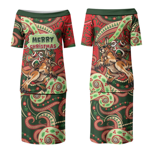 Aboriginal Christmas Couples Matching Puletasi and Hawaiian Shirt Santa Riding Leaping Kangaroo Dot Pattern
