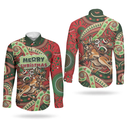 Aboriginal Christmas Couples Matching Tank Maxi Dress and Long Sleeve Button Shirt Santa Riding Leaping Kangaroo Dot Pattern
