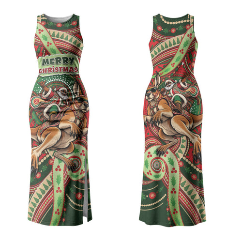Aboriginal Christmas Couples Matching Tank Maxi Dress and Long Sleeve Button Shirt Santa Riding Leaping Kangaroo Dot Pattern