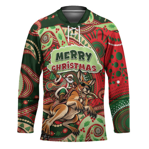 Aboriginal Christmas Hockey Jersey Santa Riding Leaping Kangaroo Dot Pattern