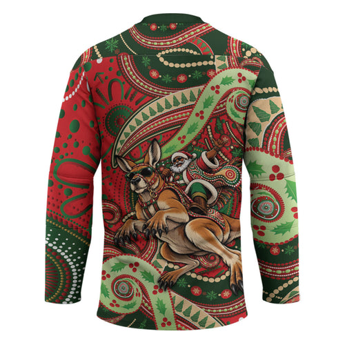 Aboriginal Christmas Hockey Jersey Santa Riding Leaping Kangaroo Dot Pattern