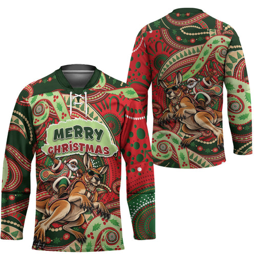 Aboriginal Christmas Hockey Jersey Santa Riding Leaping Kangaroo Dot Pattern